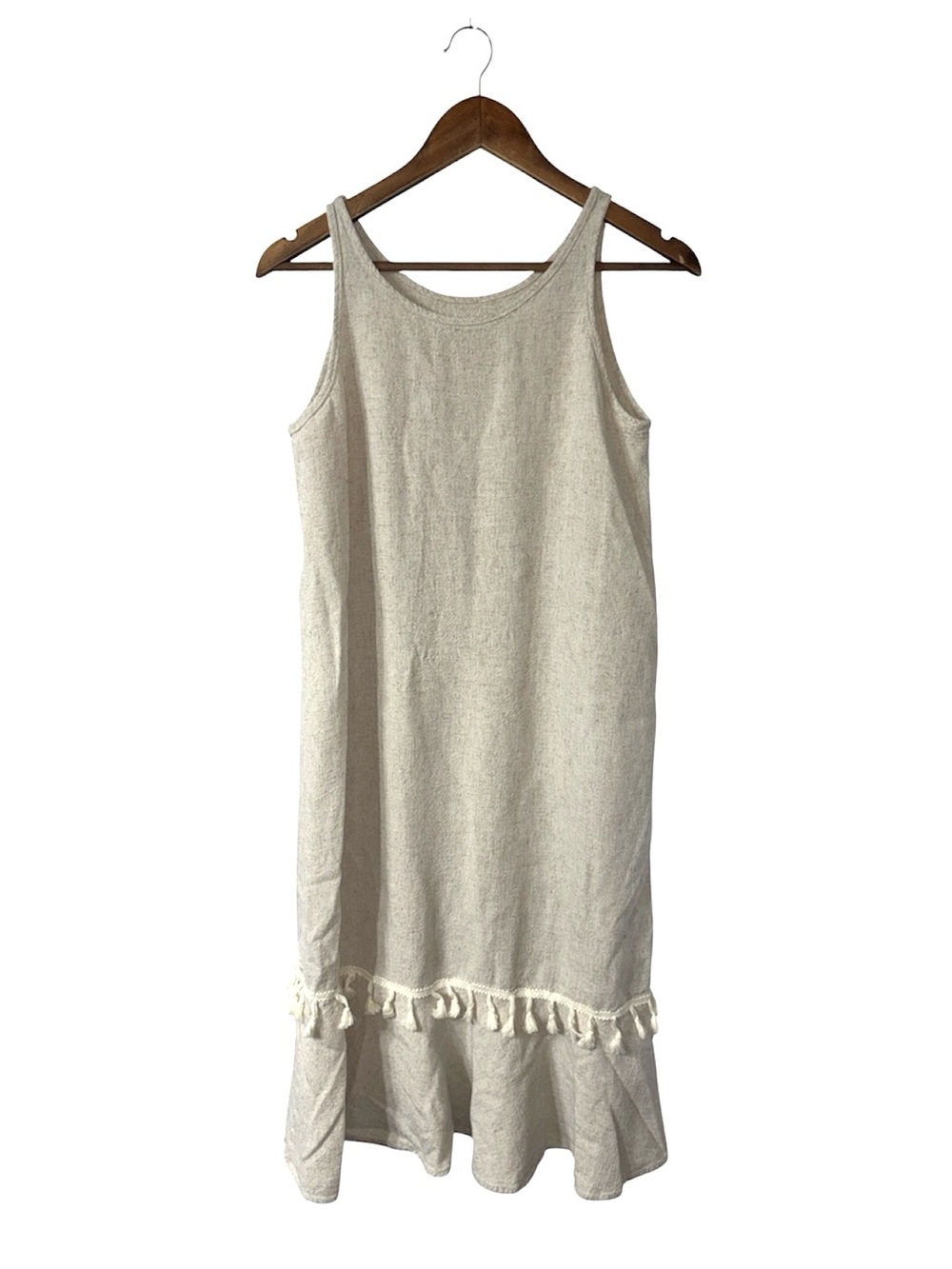 Cotton Linen Beige Sleeveless Maxi Dress Tassels Neutral Tan Size Large XL
